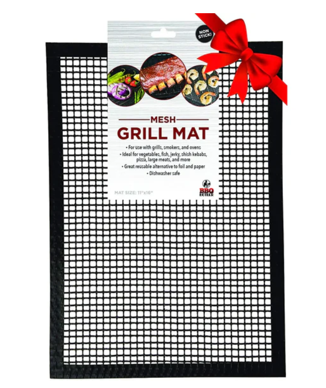 Mesh grill mat with packaging featuring a red bow on a white background