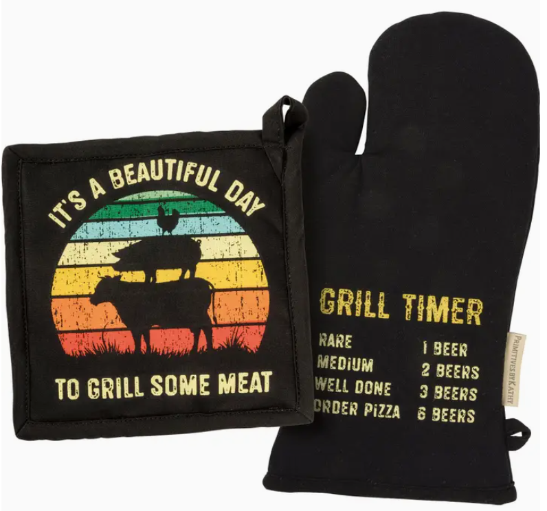Grill set featuring a pot holder with the phrase "it's a beautiful day to grill some meat" and an oven mitt that says "grill timer" on a white background.