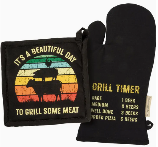 Grill set featuring a pot holder with the phrase "it's a beautiful day to grill some meat" and an oven mitt that says "grill timer" on a white background.