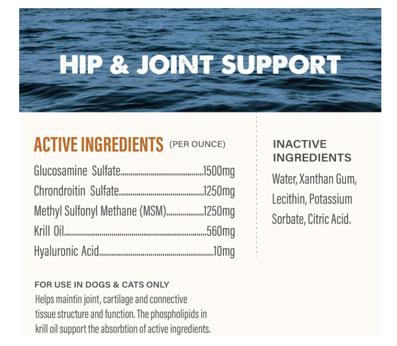 Hip and joint support product label with active and inactive ingredients on a blue water background