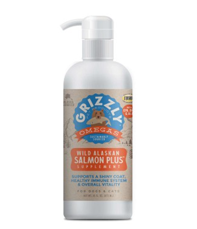 Grizzly Omega's Wild Alaskan Salmon Plus supplement bottle on a white background