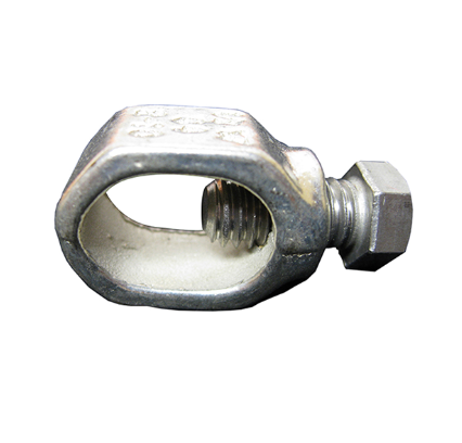 Metal ground rod clamp on a white background.