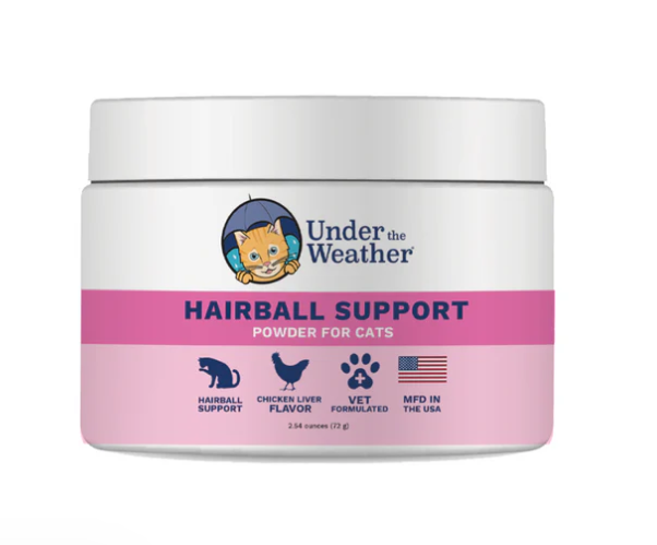Jar of 'Under the Weather' hairball support powder for cats on a white background