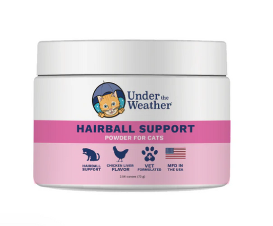 Jar of 'Under the Weather' hairball support powder for cats on a white background