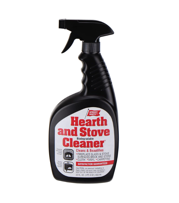 Spray bottle labeled 'Hearth and Stove Cleaner' on a white background