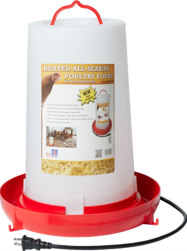 Heated poultry waterer with red base on a white background.