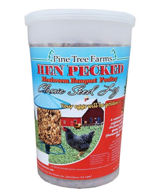 Pine Tree Farms Hen Pecked feed container with chicken imagery on a white background