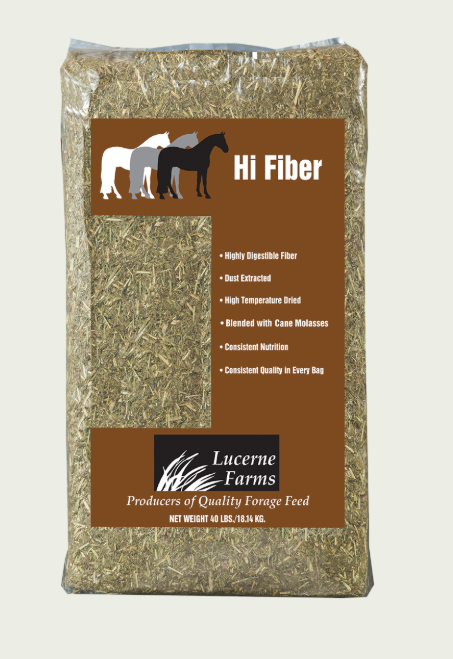 Bag of Lucerne Farms Hi Fiber horse feed on a beige background