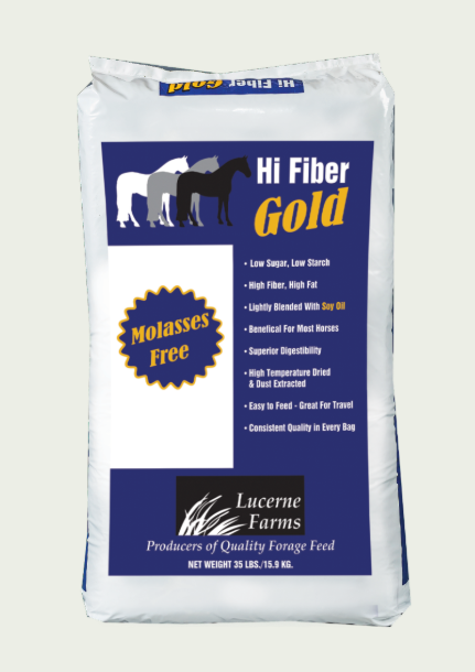 Bag of Lucerne Farms Hi Fiber Gold horse feed on a white background