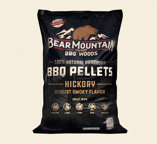 Bag of Bear Mountain BBQ Woods BBQ Pellets on a beige background