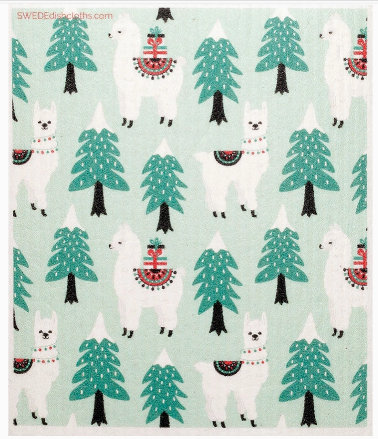 Pattern of white llamas and green trees on a light blue background with 'SWEDEdishcloths' branding.