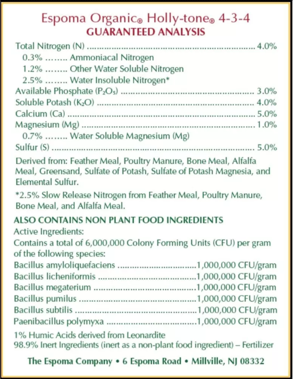 Espoma Organic Holly-tone fertilizer label with guaranteed analysis and ingredients list.