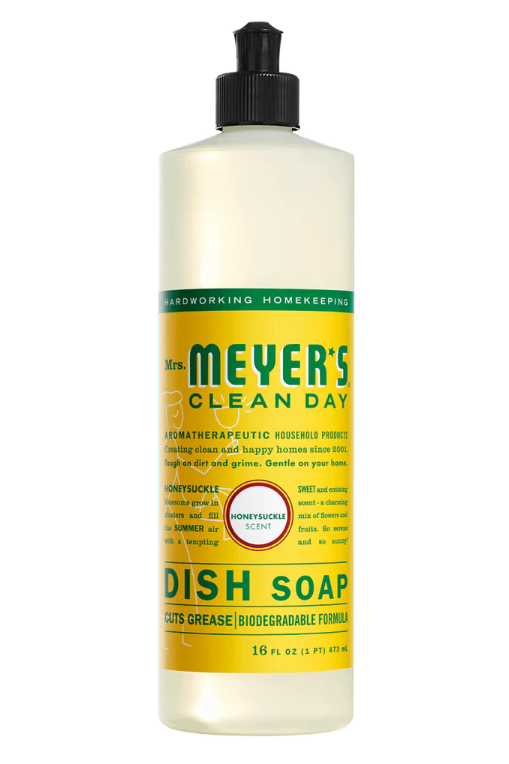 Bottle of Mrs. Meyer's Clean Day dish soap on a white background