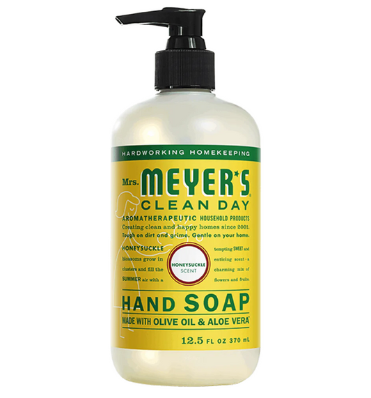 Bottle of Mrs. Meyers Honeysuckle scented liquid hand soap on a white background.