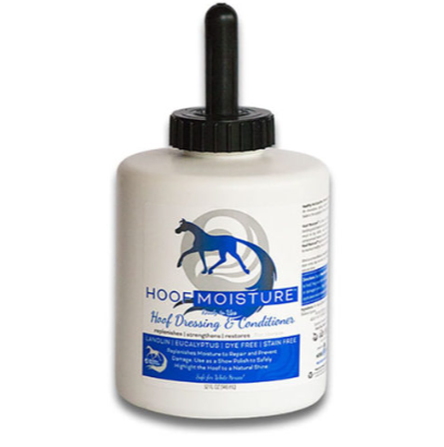Bottle of Hoof Moisture hoof dressing and conditioner on a white background