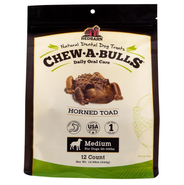 Packaging of Chew-A-Bulls dog treats with a horned toad illustration on a white background.