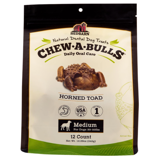 Packaging of Chew-A-Bulls dog treats with a horned toad illustration on a white background.