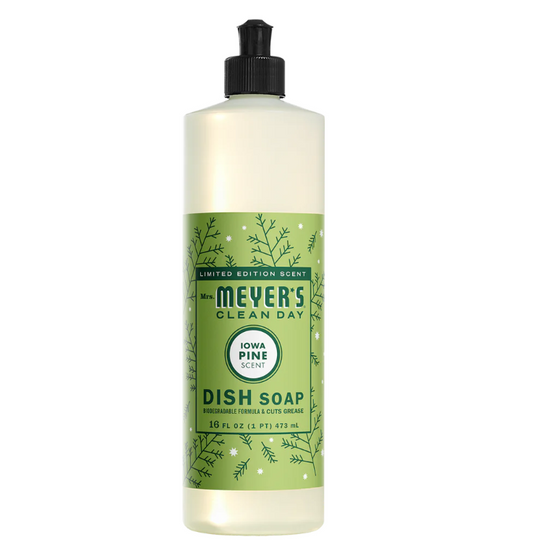 Bottle of Mrs. Meyer's Clean Day dish soap with a green label on a white background