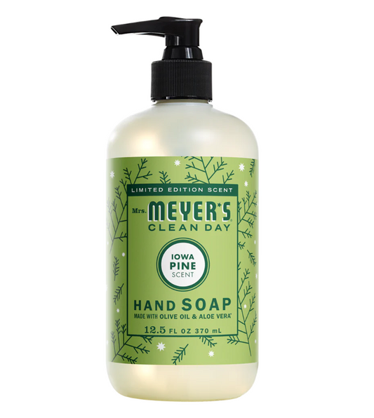 Bottle of Mrs. Meyer's Clean Day hand soap with Iowa Pine scent on a white background