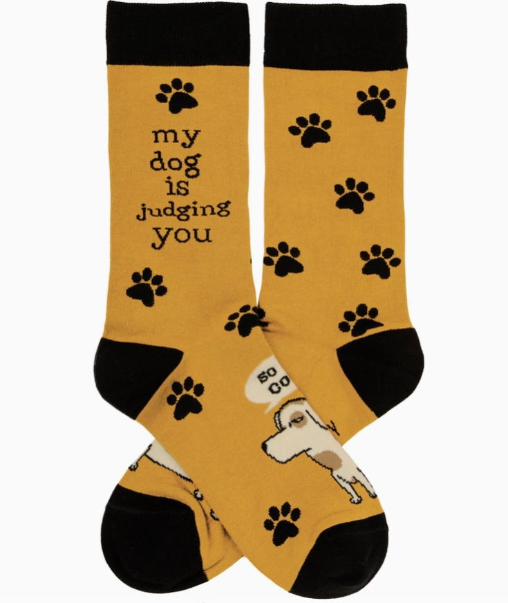 Brown socks with black paw prints and a dog illustration, featuring the text 'my dog is judging you'.