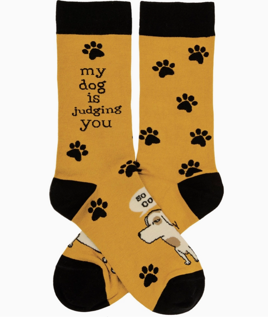 Brown socks with black paw prints and a dog illustration, featuring the text 'my dog is judging you'.
