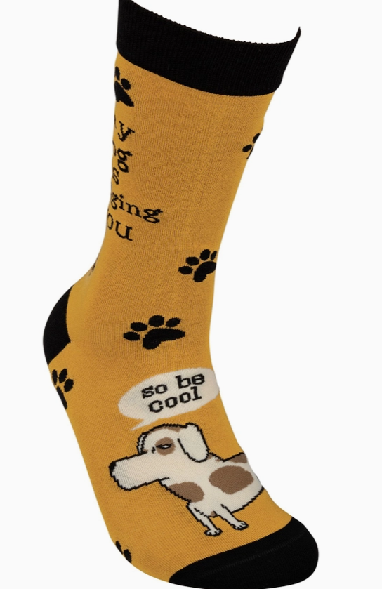 Brown sock with dog illustration and text on a white background