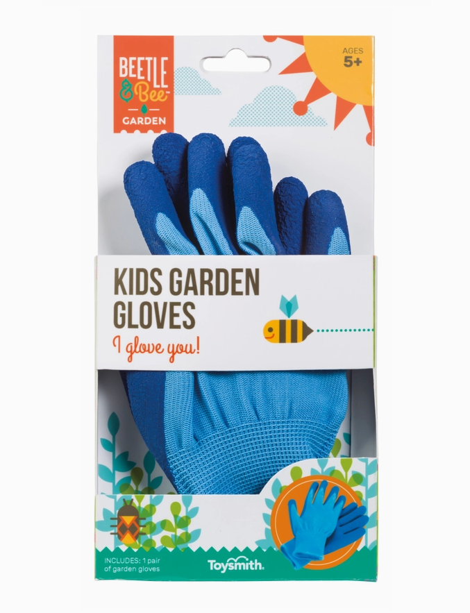 Packaging of blue kids garden gloves with 'Beetle & Bee Garden' branding on a white background.
