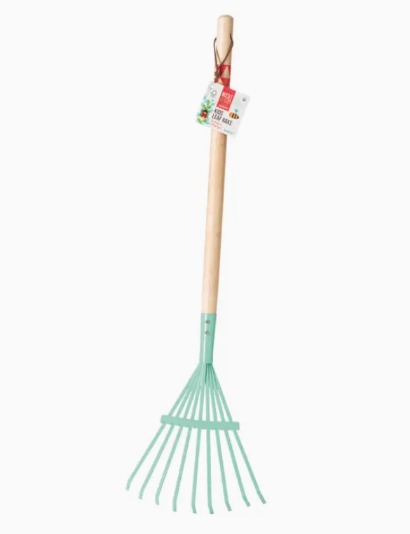 Gardening rake with a wooden handle on a white background