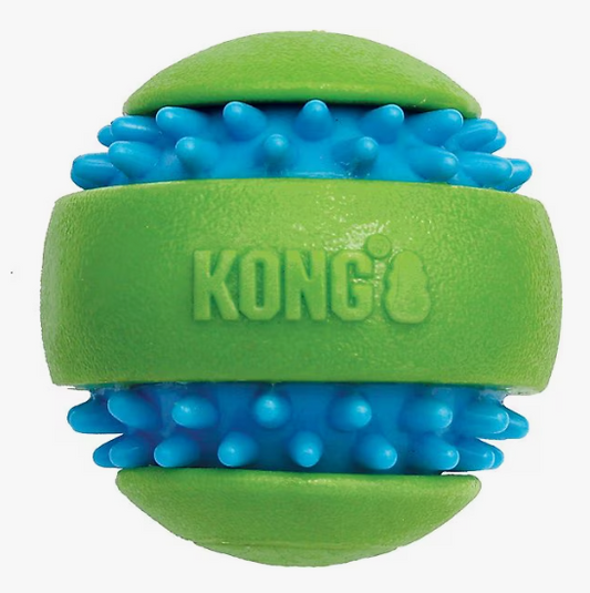 Green and blue KONG dog toy on a white background