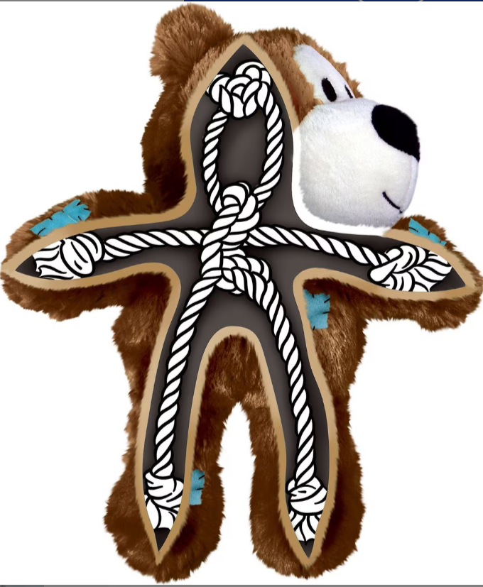 Plush bear-shaped dog toy with brown fur and rope inner structure on a white background