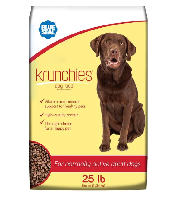 Bag of Blue Seal Krunchies dog food with a brown dog on the label