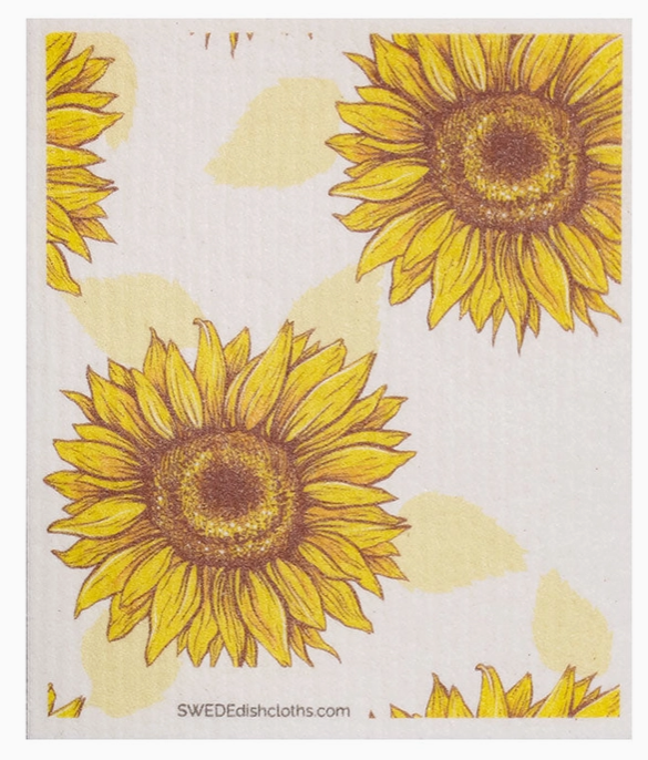 Yellow sunflower pattern on a white background with 'SWEDEdishcloths.com' branding.