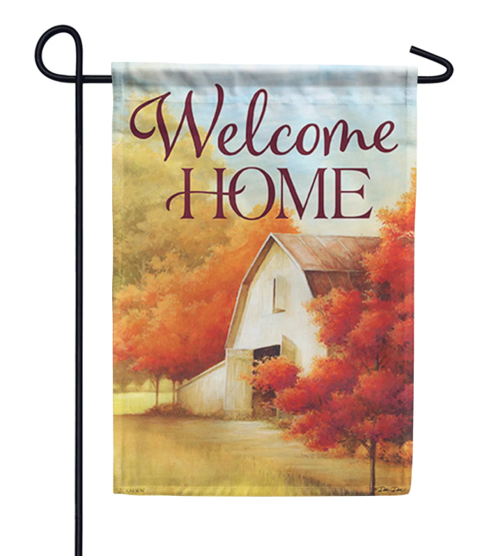 Garden flag with 'Welcome Home' text and a barn scene on an autumn background.