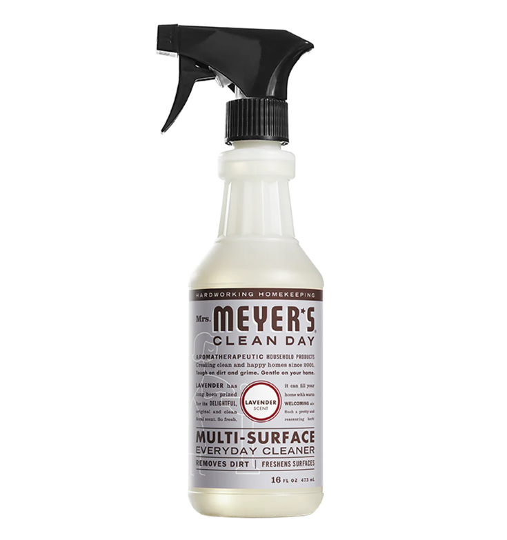 Bottle of Mrs. Meyer's Clean Day multi-surface everyday cleaner on a white background