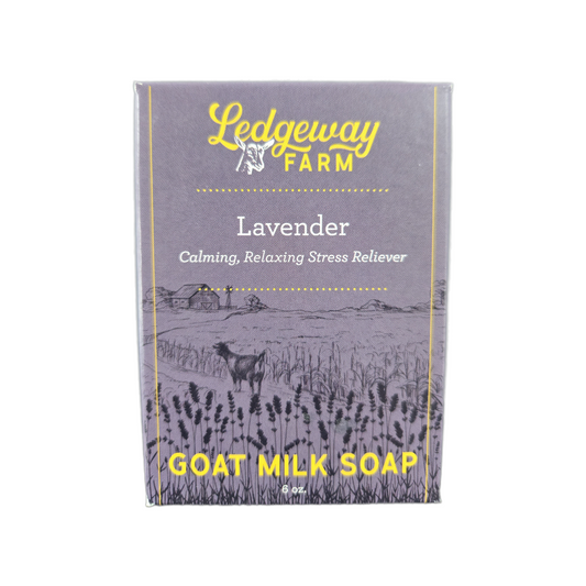 Ledgeway Farm lavender goat milk soap packaging on a white background