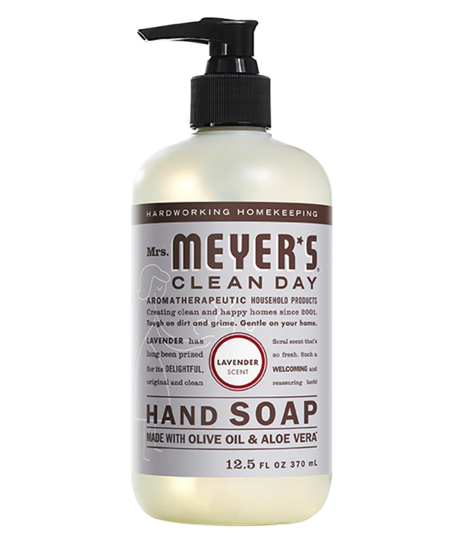 Bottle of Mrs. Meyers Lavender scented liquid hand soap on a white background.