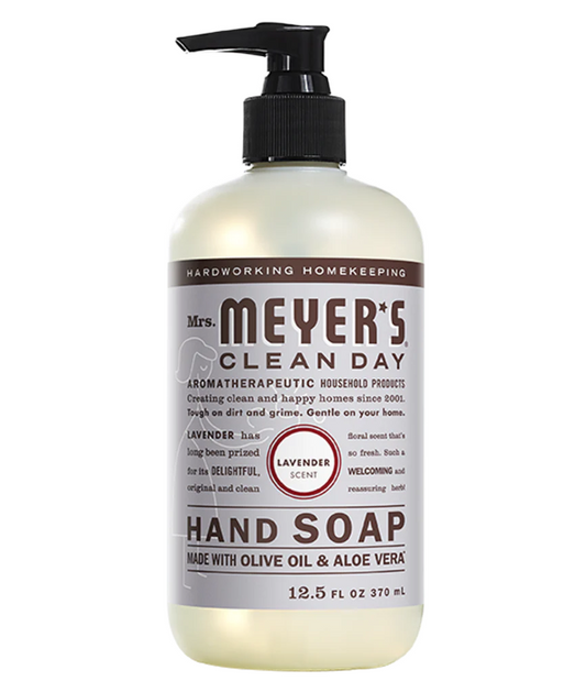 Bottle of Mrs. Meyers Lavender scented liquid hand soap on a white background.