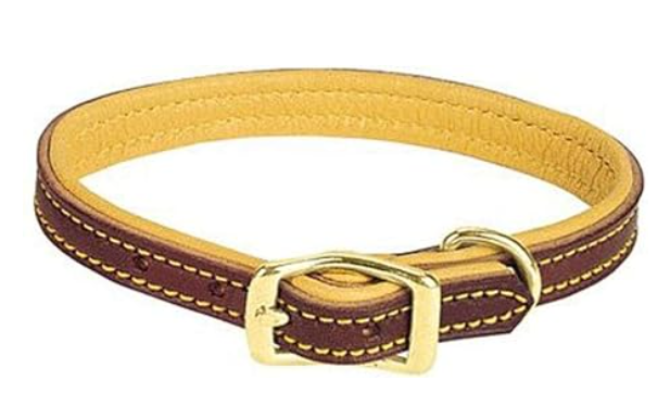 Brown and yellow leather dog collar on a white background.