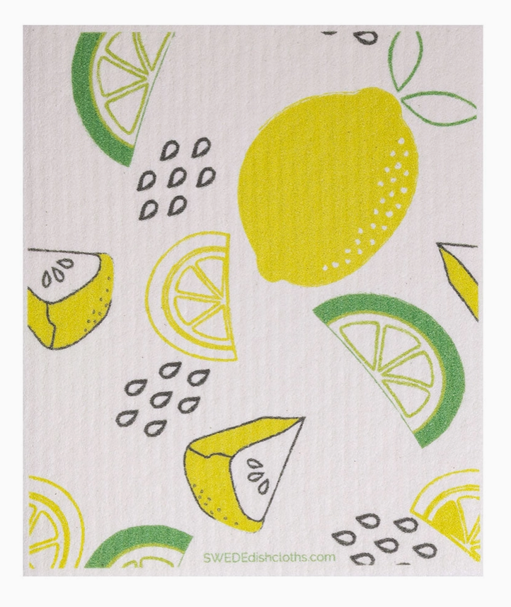 Dishcloth with lemon and lime illustrations on a white background