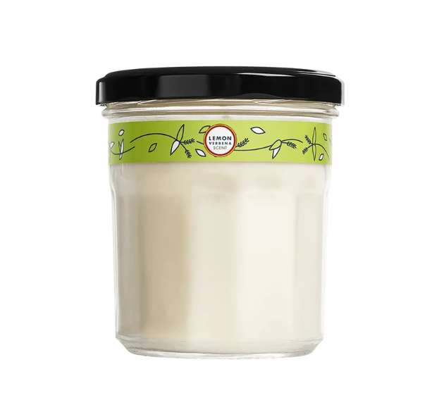 Mrs. Meyers Lemon Verbena soy candle on a white background.