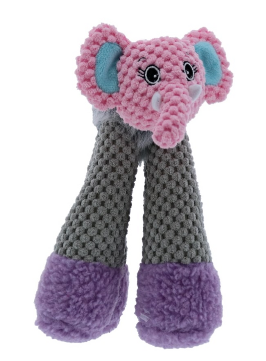 Plush elephant dog toy with long legs, on a white background.