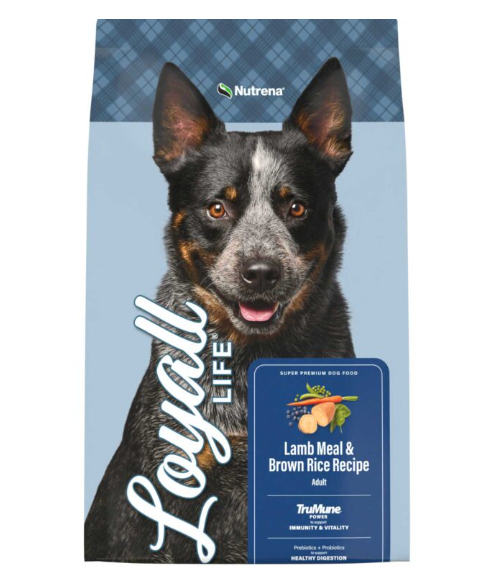 Dog food package with a dog on the front, featuring the brand 'Loyal Life' and 'Nutrena'.