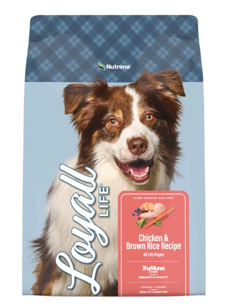 Dog food package with a dog on the front, featuring the brand Nutrena and product name Loyal Life.