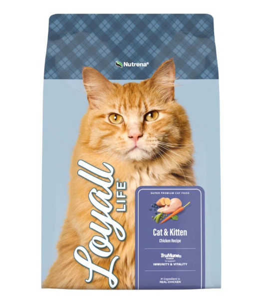 Loyall Life Cat & Kitten food package with a cat on the front, featuring Nutrena branding.