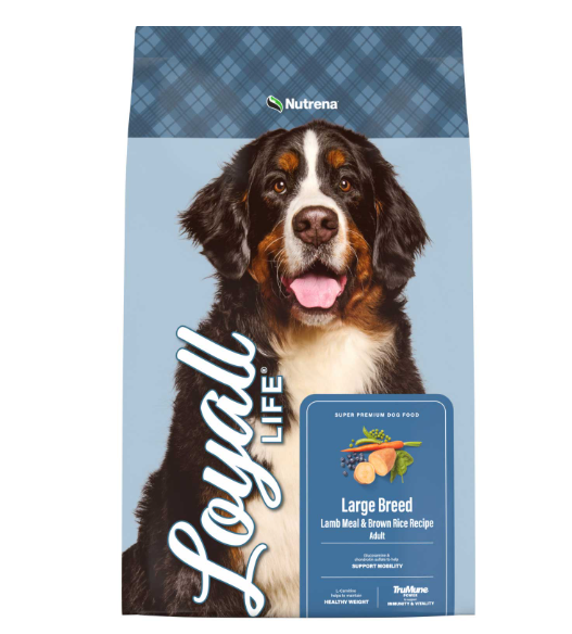 Dog food package for large breeds with a dog on the front, featuring Nutrena brand.