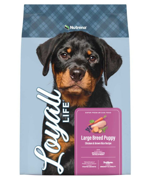Dog food package for large breed puppies with Nutrena branding on a blue plaid background.