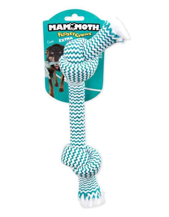 Teal and white zigzag-patterned dog toy with packaging on a white background