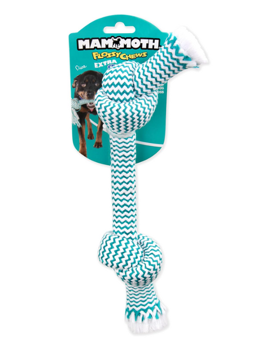 Teal and white zigzag-patterned dog toy with packaging on a white background
