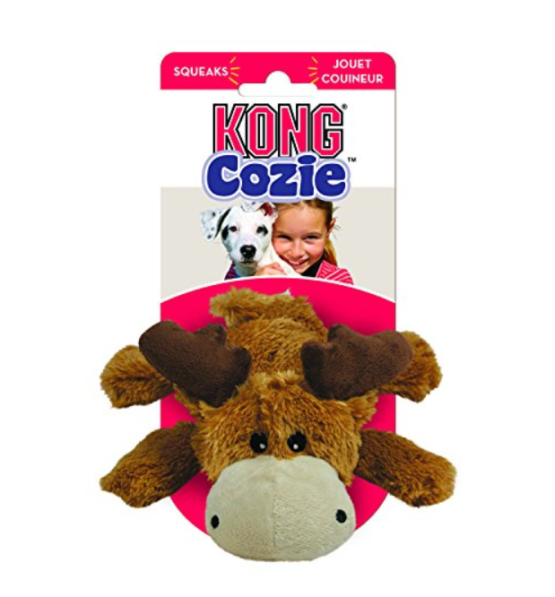 Kong Cozie moose-shaped toy with packaging featuring a child and dog on a white background