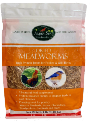 1 pound bag of dried mealworms with an orange label on a white background.
